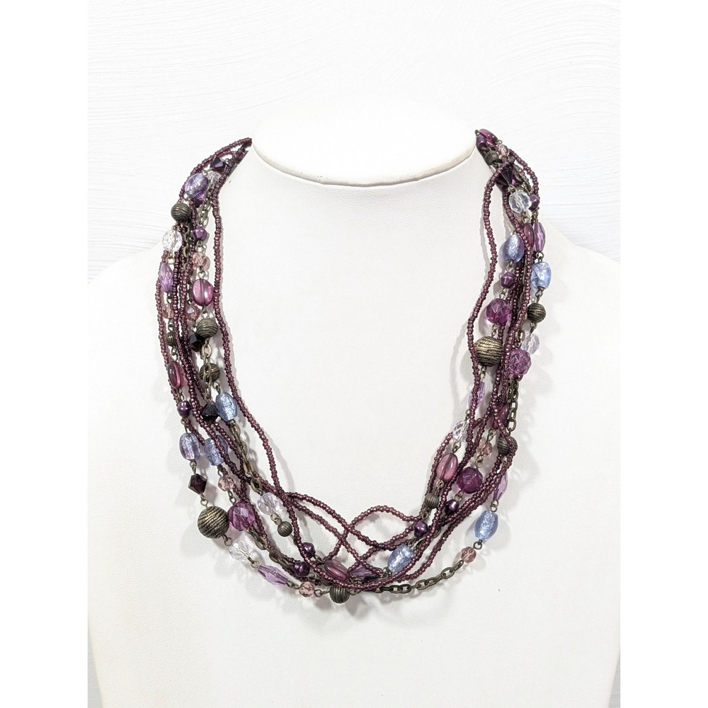 Coldwater Creek Purple Glass Bead Bronze Tone Multi Strand Necklace Boho Chic‎